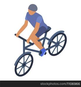Boy ride bike icon. Isometric of boy ride bike vector icon for web design isolated on white background. Boy ride bike icon, isometric style