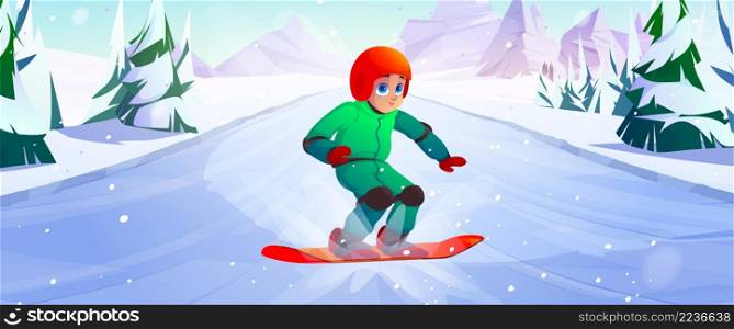 Boy rides on snowboard on downhill in mountains. Vector cartoon illustration of winter landscape with white slope, rocks, trees and child in helmet snowboarding. Boy rides on snowboard on downhill in mountains