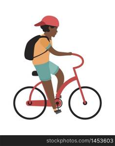 Boy riding bicycle. Happy teenager with helmet rides, isolated vector child outdoor recreation activity flat illustration. Boy riding bicycle. Happy teenager with helmet rides, isolated vector child outdoor activity flat illustration