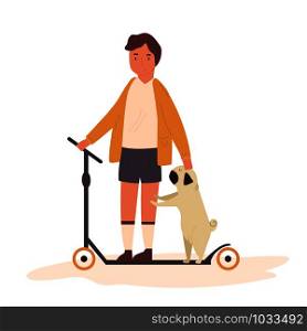 Boy riding his kick scooter with a pug dog. Colorful flat illustration. Boy riding his kick scooter with a pug dog.