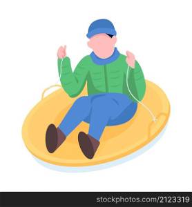Boy riding on tube semi flat color vector character. Happy figure. Full body person on white. Winter activity isolated modern cartoon style illustration for graphic design and animation. Boy riding on tube semi flat color vector character