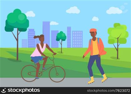 Boy rollerblading in casual clothes and afro-american woman riding on bike, people in city part. Man wearing helmet, person on rollerblades, urban activity vector. Flat cartoon. Boy Rollerblading and Woman Riding on Bike in Park