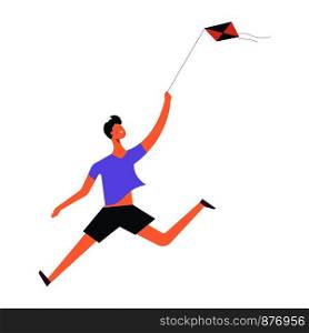 Boy run and play with kite. Vector cartoon faceless kid son and happy childhood fun time. Boy play kite vector child happy time