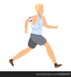 Boy running with music player icon. Cartoon of boy running with music player vector icon for web design isolated on white background. Boy running with music player icon, cartoon style