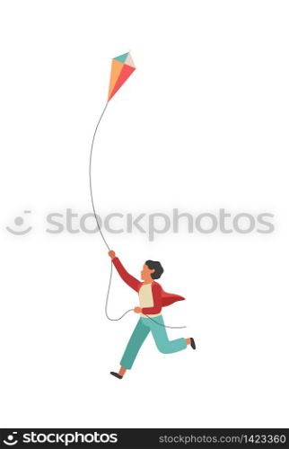 Boy runs with a kite. Happy little child playing outdoors, vector colorful flat walking childhood concept. Boy runs with a kite. Happy little child playing outdoors, vector colorful flat walking concept