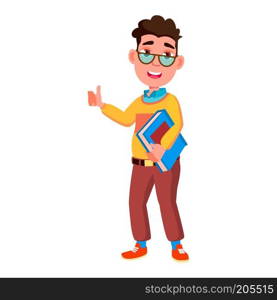 Boy Schoolboy Kid Poses Vector. High School Child. Secondary Education. Casual Clothes, Friend. For Advertisement, Greeting, Announcement Design. Isolated Cartoon Illustration 