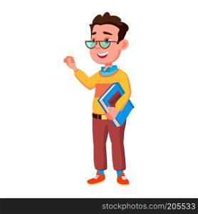 Boy Schoolboy Kid Poses Vector. High School Child. Secondary Education. Casual Clothes, Friend. For Advertisement, Greeting, Announcement Design. Isolated Cartoon Illustration
