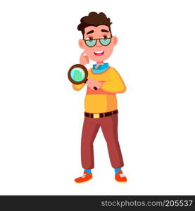 Boy Schoolboy Kid Poses Vector. High School Child. Secondary Education. Casual Clothes, Friend. For Advertisement, Greeting, Announcement Design. Isolated Cartoon Illustration 