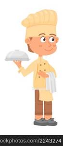 Boy serving food. Chef holding towel and plate with lid. Vector illustration. Boy serving food. Chef holding towel and plate with lid