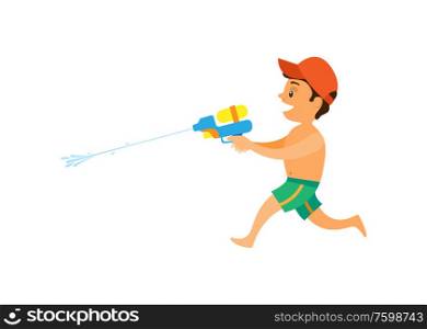 Boy shooting squirt gun, side view of running kid wearing shorts and cap, child playing water game, summer activity, smiling teenager, songkran vector. Teenager Playing Water Game, Squirt Game Vector