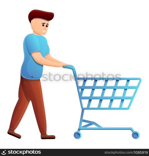Boy shopping cart icon. Cartoon of boy shopping cart vector icon for web design isolated on white background. Boy shopping cart icon, cartoon style