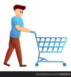 Boy shopping cart icon. Cartoon of boy shopping cart vector icon for web design isolated on white background. Boy shopping cart icon, cartoon style