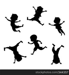 Boy silhouette in 6 action poses isolated on white background,cartoon kids, vector illustration. Boy silhouette in 6 action poses
