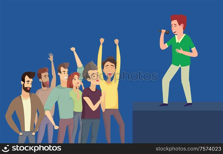 Boy singing with microphone on stage with side view, cheerful people near platform with hands up. Performance with group of men and women on blue vector. Singing Boy and Listeners on Blue Side View Vector