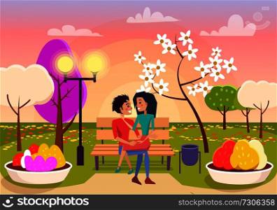 Boy sits on bench with girlfriend on his knees at sunset surrounded with blooming trees and flowers vector illustration.. Couple in Love Sits on Bench in Park Illustration