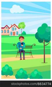 Boy sits on wooden bench with modern smartphone in park, among green trees and grass, with small houses behind vector illustration.. Boy Sits on Bench with Smartphone in Green Park