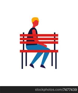 Boy sitting alone on bench in park isolated cartoon badge vector icon. Guy in casual clothes having rest on wooden bank, spending time on fresh air. Boy Sitting on Bench in Park Cartoon Vector Icon
