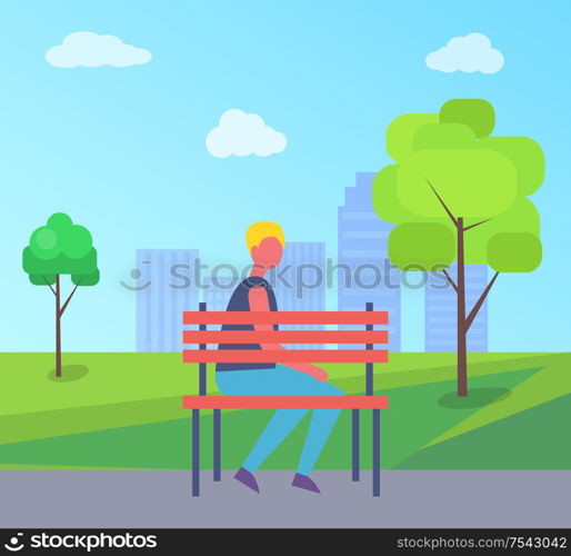 Boy sitting alone on bench vector on background of skyscrapers and green leaves. Guy in casual clothes rest on wooden seat, spending time on fresh air. Boy Sitting Alone on Bench Vector City Park Tree