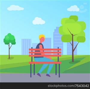 Boy sitting alone on bench vector on background of skyscrapers and green leaves. Guy in casual clothes rest on wooden seat, spending time on fresh air. Boy Sitting Alone on Bench Vector City Park Tree