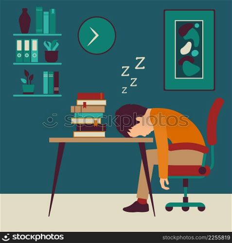 Boy sitting at desk and sleeping or taking nap among books while preparing for school or university examination or test. Student or schoolboy studying hard overnight. Flat cartoon vector illustration.