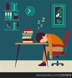 Boy sitting at desk and sleeping or taking nap among books while preparing for school or university examination or test. Student or schoolboy studying hard overnight. Flat cartoon vector illustration.