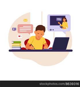 Boy sitting behind his desk studying online using his computer. Illustration with work table, laptop, books. Flat vector.