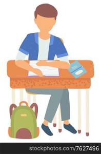Boy sitting by desk in school vector, isolated schoolboy with book and textbook writing ideas on subject. Satchel bag on floor, education in college. Back to school concept. Flat cartoon. Schoolboy Doing Homework Assignments at Lesson
