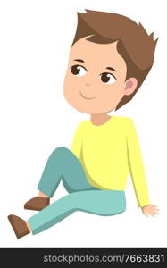 Boy sitting on floor and looking up. Kid with brown hair and dark eyes. Child sit in yellow sweater and light blue pants. Person isolated on white background. Vector illustration in flat style. Boy Sitting Alone on Floor, Kid Isolated on White