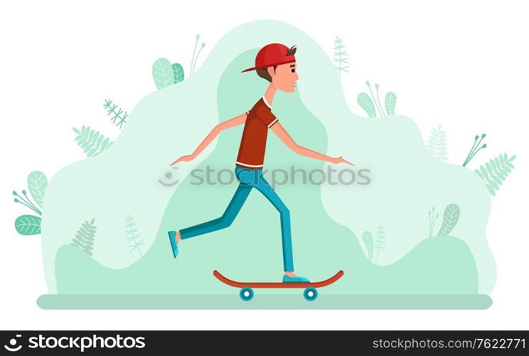 Boy skateboarding, hobby and activity with skateboard. Teenager wearing casual clothes and cap standing on skate, urban sport, going person, trick vector. Teenager on Skateboard, Urban Hobby, Board Vector