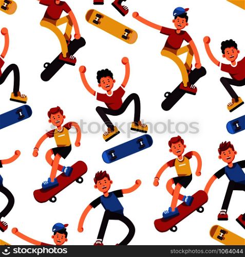 Boy skater seamless pattern teenagers on skateboards sport and outdoor activity sneakers and skates jump and ride male characters in cap and shorts extreme children or kids endless texture vector.. Boy skater seamless pattern teenagers on skateboards sport and outdoor activity