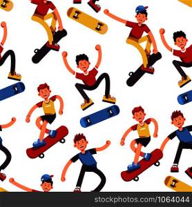 Boy skater seamless pattern teenagers on skateboards sport and outdoor activity sneakers and skates jump and ride male characters in cap and shorts extreme children or kids endless texture vector.. Boy skater seamless pattern teenagers on skateboards sport and outdoor activity