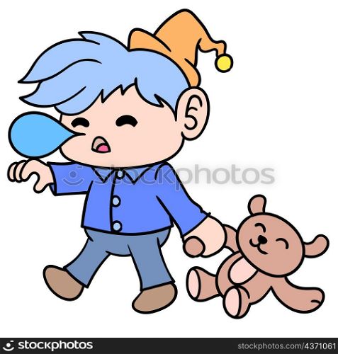 boy sleep delirious walking carrying a teddy bear