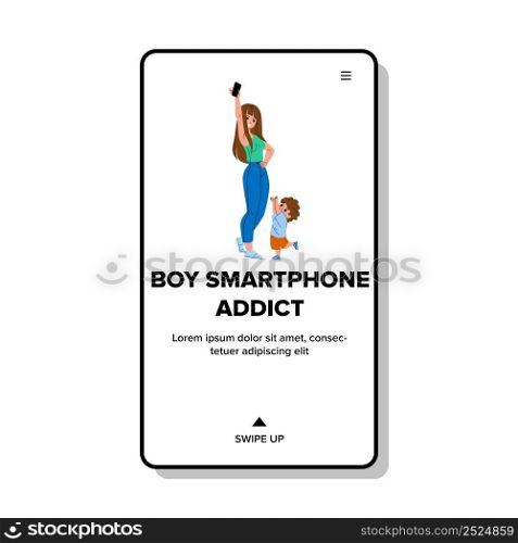 Boy Smartphone Addict Dependence Problem Vector. Child Boy Smartphone Addict, Crying And Asking Mother For Give Electronic Device. Characters Technology Addiction Web Flat Cartoon Illustration. Boy Smartphone Addict Dependence Problem Vector