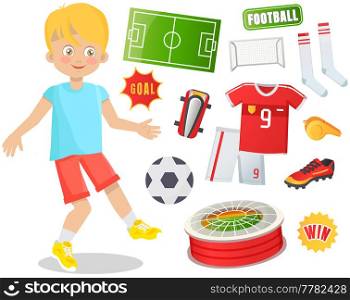 Boy soccer football player. Kids future dream professional sportive career illustration with football attributes uniform and awards, scoreboard and stadium stopwatch and gate field team championship. Boy soccer football player. Kids future dream professional sportive career with football attributes