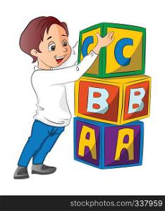 Boy Stacking Alphabet Blocks, vector illustration