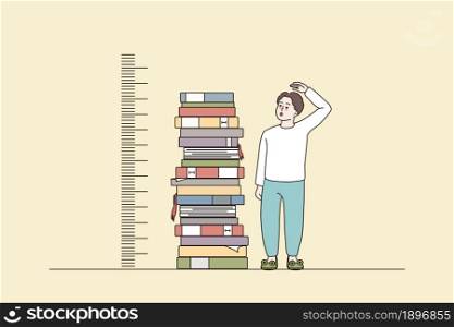 Boy stand near pile of books measuring growth by hand. Guy reading studying and learning with textbooks. Good education, knowledge and achievement concept. Flat vector illustration.. Boy measuring growth stand near books pile