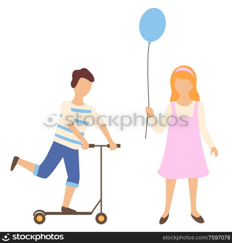 Boy standing on scooter and girl with air balloon, teenager people isolated. Young human in casual clothes balancing on urban transport, cartoon kids vector. Boy Balancing on Scooter and Girl with Air Balloon