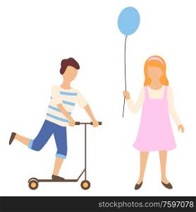Boy standing on scooter and girl with air balloon, teenager people isolated. Young human in casual clothes balancing on urban transport, cartoon kids vector. Boy Balancing on Scooter and Girl with Air Balloon