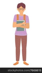 Boy standing with backpack and book, pupil in casual clothes and glasses. Back to school, kid character with textbook, child study, schoolkid vector. Back to school concept. Flat cartoon. Boy with Book, Back to School, Student Vector
