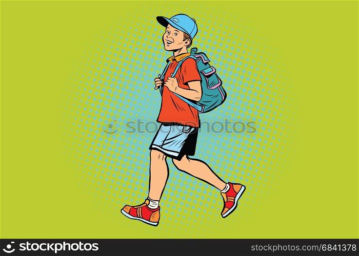 Boy student with a backpack goes to school or Hiking. Pop art retro vector illustration. Boy student with a backpack goes to school or Hiking