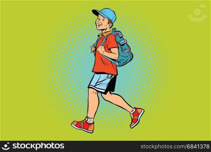 Boy student with a backpack goes to school or Hiking. Pop art retro vector illustration. Boy student with a backpack goes to school or Hiking