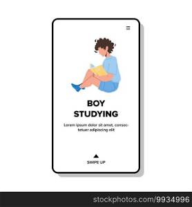 Boy Studying And Reading Educational Book Vector. Boy Studying And Read Encyclopedia Or Alphabet Education Literature. Character Kid Sitting On Floor And Learning Web Flat Cartoon Illustration. Boy Studying And Reading Educational Book Vector