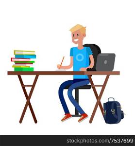 Boy studying in classroom with homework. Flat illustration. Vector detailed character woman teacher