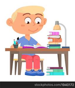 Boy studying. Kid sitting at desk. Homework concept. Vector illustration. Boy studying. Kid sitting at desk. Homework concept