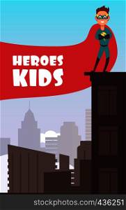 Boy superhero with red cloak over the city buildings vector super kids poster. Super hero boy in cloak illustration. Boy superhero with red cloak over the city buildings vector super kids poster