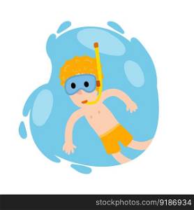 Boy swims under water with diving mask. Child and scuba gear. Element of fun by sea vacation. Cartoon flat illustration.. Boy swims under water with diving mask.