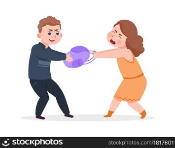 Boy takes bag from girl. Bad schoolboy behavior, angry guy. Raised and offended cartoon children vector illustration. Teenage girl and boy, conflict aggressive teenager. Boy takes bag from girl. Bad schoolboy behavior, angry guy. Raised and offended cartoon children vector illustration