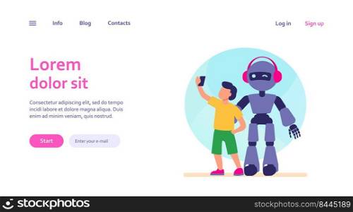 Boy taking selfie with humanoid. Child with cyborg, kid with robot flat vector illustration. Robotics, engineering, childhood concept for banner, website design or landing web page