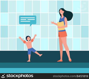 Boy talking to female trainer at swimming pool. Training, child, kid flat vector illustration. Sport, hobby, activity concept for banner, website design or landing web page