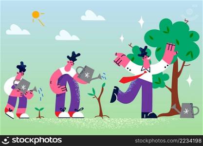 Boy, teen and grownup man take care of tree on different life stages. From seedling to tree cycle. Gardening and greenery. Goal achievement and success metaphor concept. Vector illustration. . From seedling to tree life cycle 